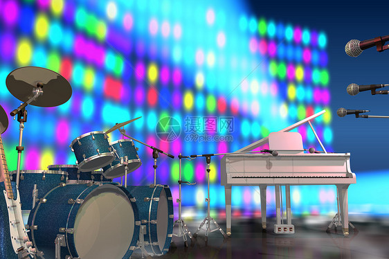 音乐舞台上的乐器蓝色流行音乐紫色娱乐麦克风艺术家岩石聚光灯三角唱歌图片