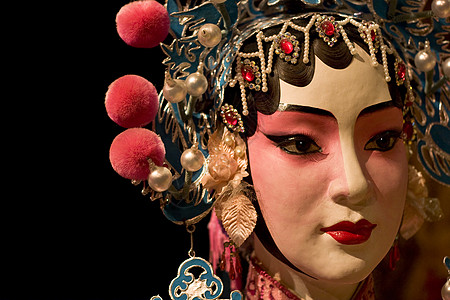 中国歌剧木偶和黑布作为文字空间男人女士展示窗帘旅游服饰节日戏剧剧院传统图片