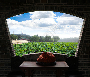 Beihai北海北京公园狮子公园绘画窗户吸引力寺庙框架文化皇帝城市图片