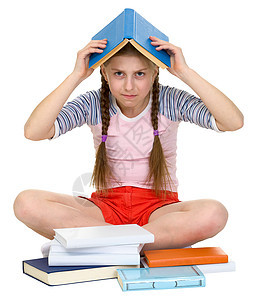 头顶有书本的年轻女孩图片