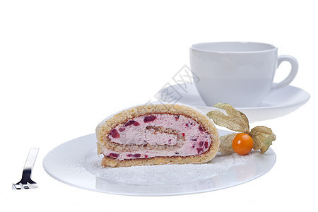 白盘上一块果冻卷饼片餐垫漩涡装饰奶油酸浆营养诱惑风格甜点糕点图片