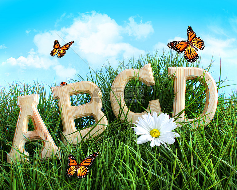 草地中与菊花的ABC信件焦点学校选择性拼写静物大写字母苗圃学习蝴蝶语法图片