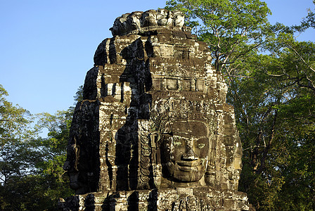 吴哥拜顿寺庙一栋塔的面部细节背景图片
