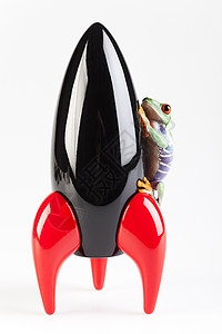 黑火箭和绿青蛙玩具红眼飞船动物群飞碟野生动物宠物宏观眼睛大眼睛图片