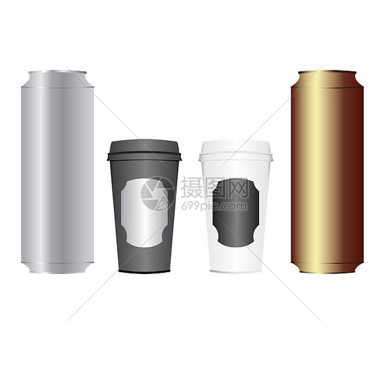 啤酒罐和咖啡杯插图金子标签棕色啤酒黄金杯子图片