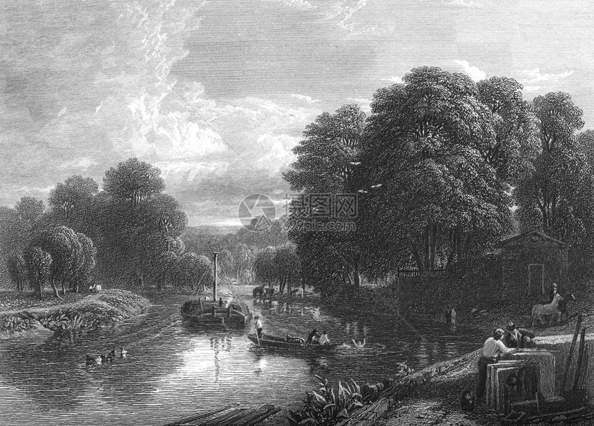在泰晤士河上划船历史日光乡村英语风景黑与白时代景点插图图片