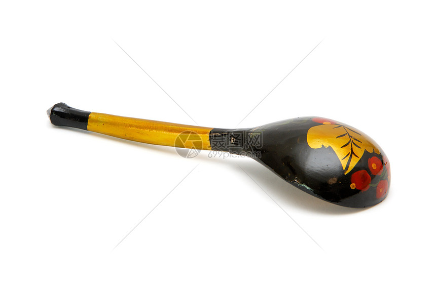 白底的俄罗斯木制手工涂漆勺子雕刻文化金子用具装饰品手绘手工业红色木头民间图片