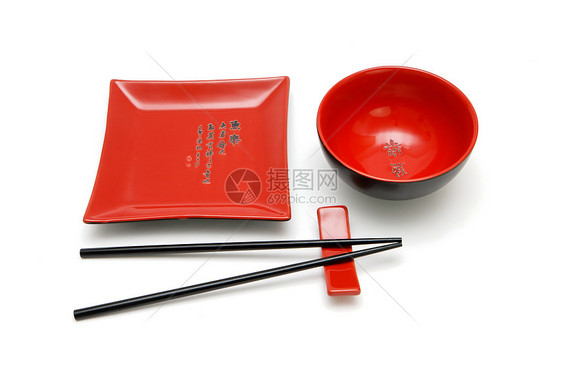 红色广场盘 圆碗和筷子都站立图片