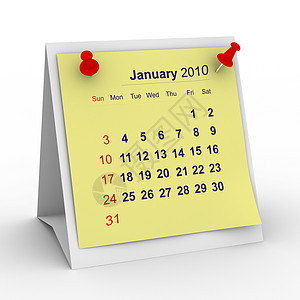 2010年日历 1月 孤立的 3D 图像插图日程活页夹商业笔记本办公室笔记组织别针公告图片