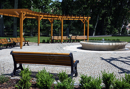 园中有泉源阳光日出院子公园后院喷泉场景长椅花园木头图片