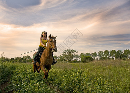 骑马女童风暴动物场地运动幸福女士天空棕色图片