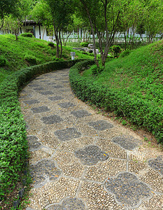 在中国花园中的中文本路径脚步人行道绿化农村园林沉思小路曲线草地公园图片