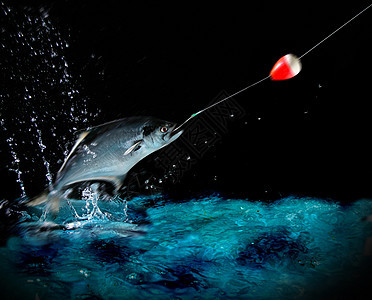 夜里钓大鱼浮标装置惊喜运动鳟鱼波浪低音跳跃捕鱼渔夫图片
