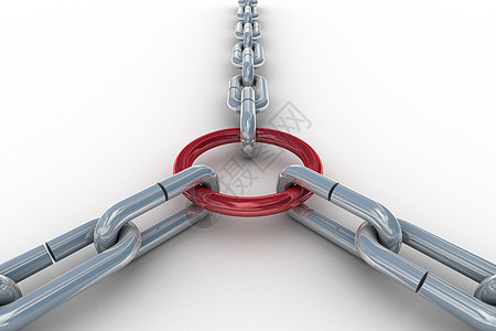 被红环绑紧的链条 3D图像戒指插图束缚力量金属圆圈反射技术滑轮安全图片