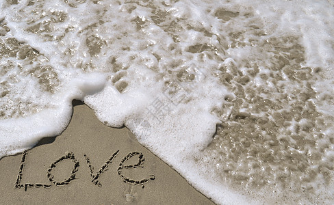 爱在沙沙中与海浪一起写作电子岩石海洋海滩贝壳泡沫图片