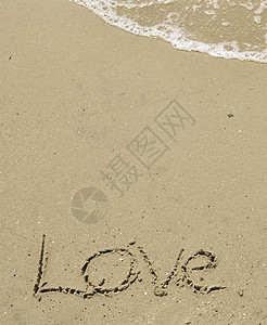 爱在沙沙中与海浪一起写作泡沫海滩海洋岩石电子贝壳图片