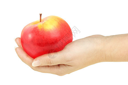 女人手中的单一红苹果活力宏观棕榈照片肉质红色食物摄影黄色圆圈图片
