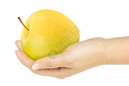 妇女手中的单一黄苹果图片