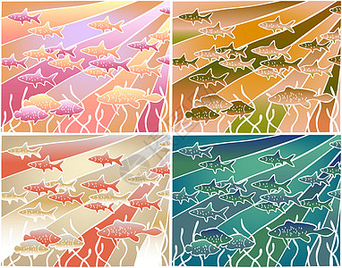 鱼棒动物学校蜡染海鲜蓝色动物群阳光纺织品插图栖息地背景图片