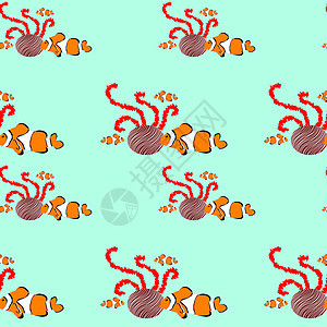 无缝无缝小丑鱼模式野生动物黑色生物插图装饰品红色动物白色蓝色卷曲图片