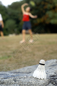在公园玩羽毛球的年轻女孩 用穿梭孔雀在公园里玩羽毛球图片