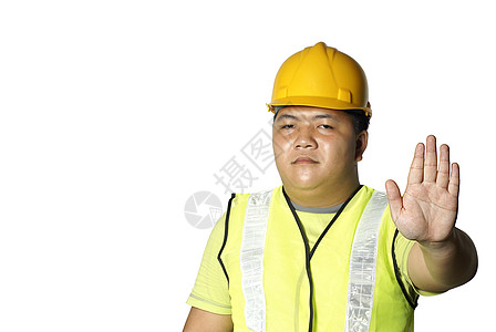 亚洲建筑工人在白背景上带断手信号的亚洲建筑工人图片