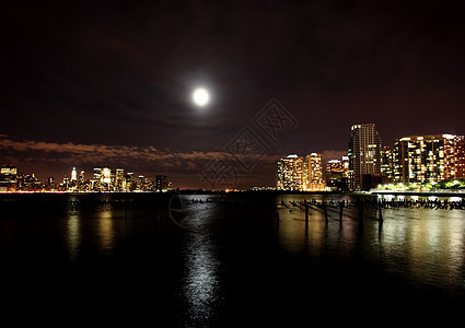 下曼哈顿天空线建筑学蓝色摩天大楼游客月亮帝国自由国家办公室景观图片