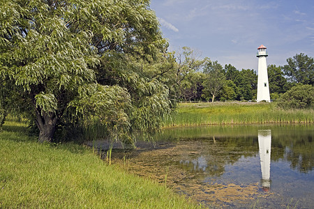 密歇根灯塔绿色池塘白色地标反射建筑学灯塔图片
