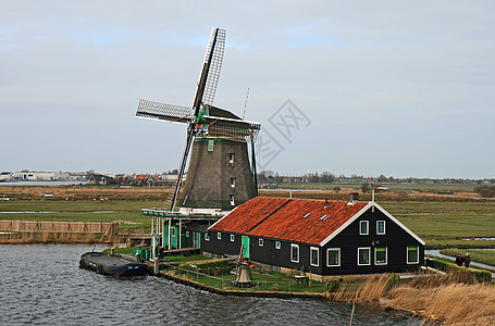 荷兰农村的风力车照片铣削天空地标力量历史溪流供电活力文化图片