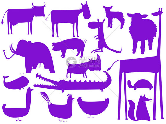 白色背景上隔离的动物紫色光影农场奶牛插图鳄鱼动物园袋鼠犀牛公鸡婴儿海洋图片