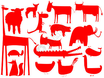 白色背景上隔离的动物红色圆影幸福农场哺乳动物荒野鳄鱼插图犀牛公鸡绘画婴儿图片