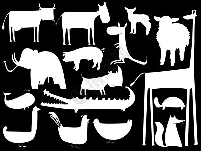 黑色背景上隔离的动物白色圆影带农场荒野哺乳动物幸福绘画生活犀牛斑马动物园插图图片