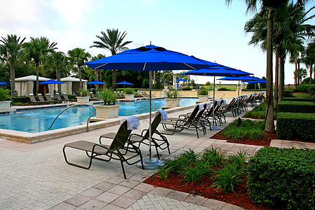 度假村的风景和游泳池休息晒黑天堂热带旅行假期椅子退休旅游棕褐色图片