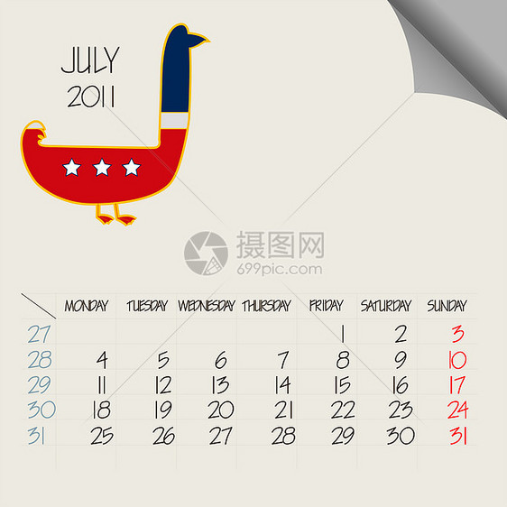 2011年7月 动物哺乳动物星星动物园日程日历绘画旗帜角落插图荒野图片