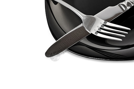 带叉子刀的黑色黑板食物奢华环境用具金属餐厅陶瓷小吃盘子午餐图片