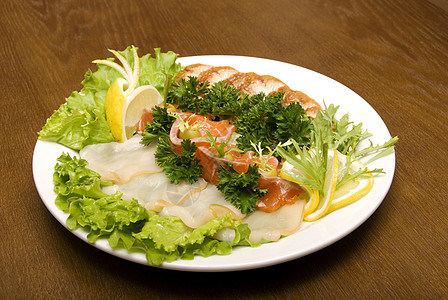 肉鱼开胃菜晚餐牛扒餐厅雕刻奢华香菜桌子烹饪柠檬油炸图片