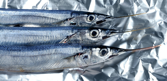 三条针鱼 未烹煮的大型工作室拍摄海洋食物餐厅盘子营养海鲜荒野饮食美食钓鱼图片