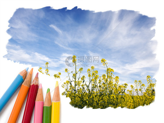 彩色铅笔绘制开阔蓝天空景观图片