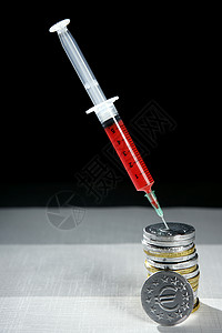 欧元货币注射针筒注射 金融隐喻危机疾病信用宝藏硬币卫生液体死亡犯罪金子图片