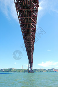 位于葡萄牙里斯本的阿布里尔第25大桥运输红色城市历史性蓝色场景天空纪念碑旅行景观图片