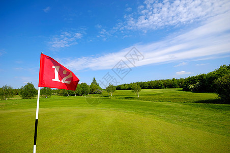 高尔夫球场的旗帜车道俱乐部竞赛草地蓝色爱好球道晴天消遣推杆图片