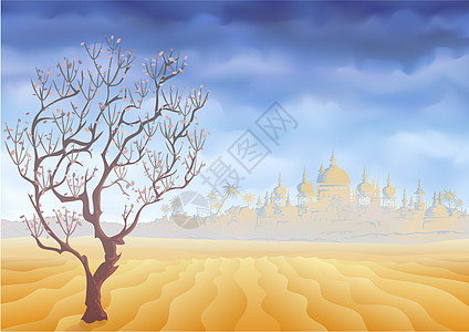荒漠枯萎的树和古代东方城堡幻影图片