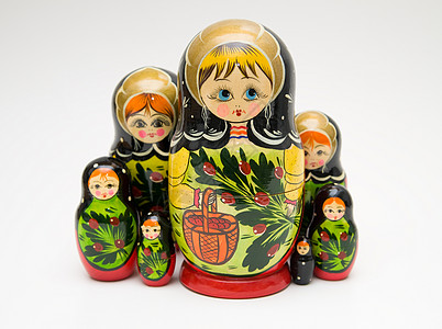 白色背景的俄罗斯马特约什卡娃娃头巾女孩套娃纪念品宝贝家庭玩具红色木头娃娃图片