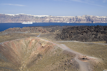 圣托里尼希腊天空旅游蓝色海岸线支撑情调火山口场景异国避暑胜地图片