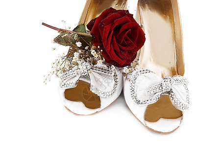 结婚鞋和玫瑰女性已婚庆典鞋类婚礼新娘珠宝少女婚姻花瓣背景图片