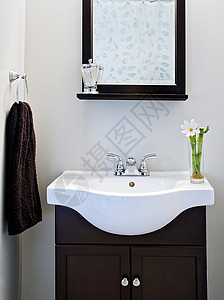 黑白设计师浴室 有镜子和鲜花图片