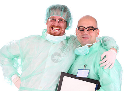 两个外科医生的幸福治愈临床药品男人助手帮助操作顾问微笑工人图片