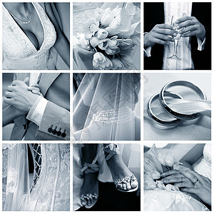 九张结婚照片的拼凑珠宝鞋类衣领宝石钻石面纱玻璃装饰丝带衣服图片