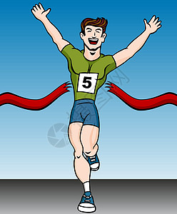 马拉松完成线男人微笑丝带女孩红色卡通片插图短裤赛跑者绘画图片