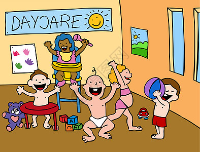 日托中心插图设施尿布房间孩子们儿童卡通片玩具绘画高脚椅图片